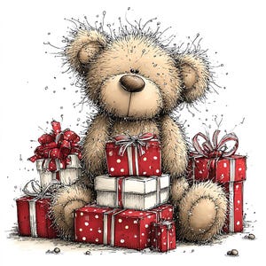 K&ouml;nnte beinhalten: Eine Illustration eines Teddyb&auml;ren, umgeben von Geschenken. Der B&auml;r ist hellbraun mit einer gro&szlig;en Nase und ausdrucksstarken Augen. Die Geschenke sind rot mit wei&szlig;en Punkten und mit roten B&auml;ndern gebunden, was eine festliche Szene schafft.