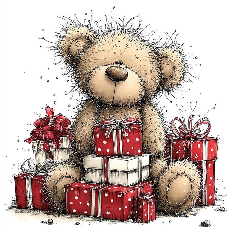 K&ouml;nnte beinhalten: Eine Illustration eines Teddyb&auml;ren, umgeben von Geschenken. Der B&auml;r ist hellbraun mit einer gro&szlig;en Nase und ausdrucksstarken Augen. Die Geschenke sind rot mit wei&szlig;en Punkten und mit roten B&auml;ndern gebunden, was eine festliche Szene schafft.