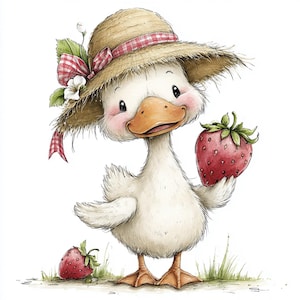 May include: A charming illustration of a white duck wearing a straw hat with a red and white checkered ribbon. The duck is holding a large red strawberry and there is another strawberry on the ground. The duck has rosy cheeks and a friendly expression.