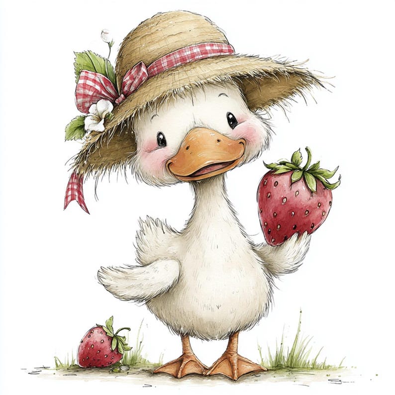May include: A charming illustration of a white duck wearing a straw hat with a red and white checkered ribbon. The duck is holding a large red strawberry and there is another strawberry on the ground. The duck has rosy cheeks and a friendly expression.