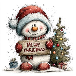 May include: A fluffy white snowman wearing a red Santa hat and red mittens, holding a wooden sign that reads Merry Christmas. Beside the snowman stands a small decorated Christmas tree with colorful ornaments and gifts on the snowy ground.
