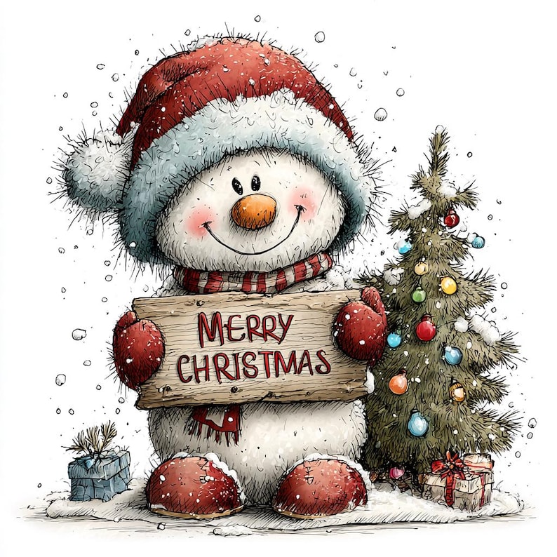 May include: A fluffy white snowman wearing a red Santa hat and red mittens, holding a wooden sign that reads Merry Christmas. Beside the snowman stands a small decorated Christmas tree with colorful ornaments and gifts on the snowy ground.