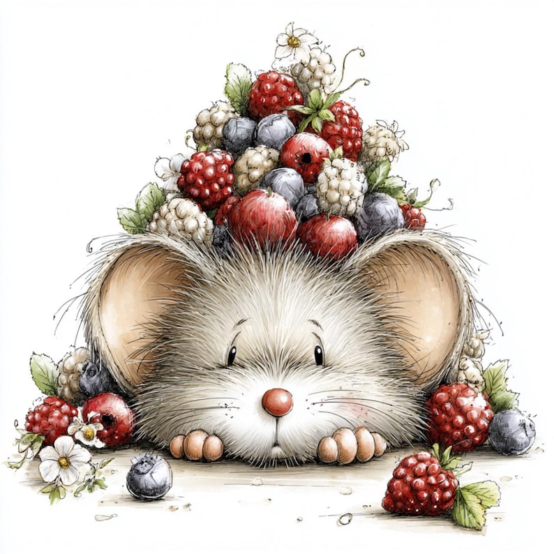 22 JPG Mouse Clipart – Whimsical Mice With Fruits Illustrations for ...