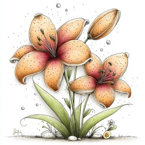 Puede incluir: Ilustraci&oacute;n detallada de dos lirios naranjas y rosas con hojas y tallos verdes. Las flores tienen una textura punteada y est&aacute;n sobre un fondo blanco. Tambi&eacute;n hay peque&ntilde;as burbujas blancas y algunas piedras peque&ntilde;as.