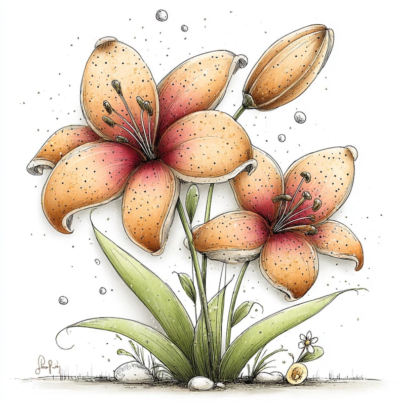 Puede incluir: Ilustraci&oacute;n detallada de dos lirios naranjas y rosas con hojas y tallos verdes. Las flores tienen una textura punteada y est&aacute;n sobre un fondo blanco. Tambi&eacute;n hay peque&ntilde;as burbujas blancas y algunas piedras peque&ntilde;as.