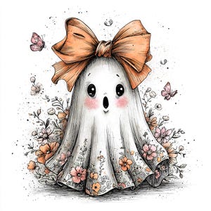 May include: A white ghost illustration featuring a large peach-colored bow on its head, rosy pink cheeks, and a surprised expression. The base of the ghost is decorated with a floral pattern in shades of peach and pink, surrounded by small butterflies.