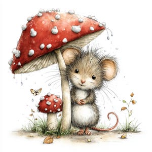 May include: A watercolor illustration of a cute mouse sheltering under a large red mushroom with white spots. A smaller mushroom and a butterfly are also present, with a few leaves and blades of grass. The mouse has a long tail and is looking at the viewer.