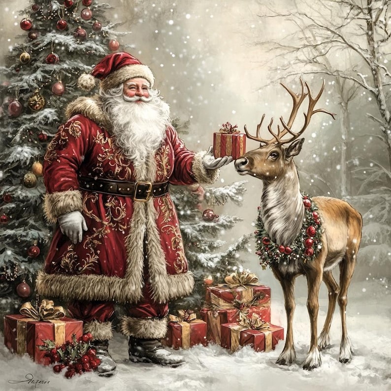 May include: A digital illustration of Santa Claus in a red coat with gold embroidery and white fur trim, holding a gift toward a reindeer wearing a red and green wreath. A decorated Christmas tree and wrapped presents are in the snowy scene.
