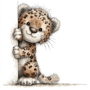 May include: A charming illustration of a cartoon leopard cub with a friendly expression. The cub has brown spots, a light brown coat, and is peeking around a white surface. The artwork is detailed with soft shading and a whimsical style.