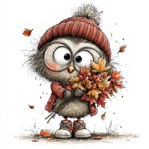 May include: A whimsical illustration of an owl wearing a red knit cap, jacket, and sneakers, holding a bouquet of autumn leaves. The owl has large, round eyes and wears glasses. Scattered leaves add to the fall theme.