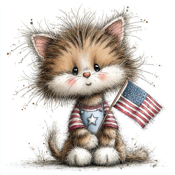 55 imágenes JPG de gatitos patrióticos y divertidos: lindas ilustraciones de gatos para el 4 de julio, ideales para guarderías, tarjetas y manualidades. Conjunto JPG / Uso comercial.