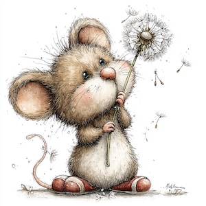 May include: A charming illustration of a mouse with a dandelion. The mouse is depicted in brown and white tones, with big ears and a pink nose. The dandelion is fluffy and white, with seeds drifting away. The style is soft and watercolour-like.