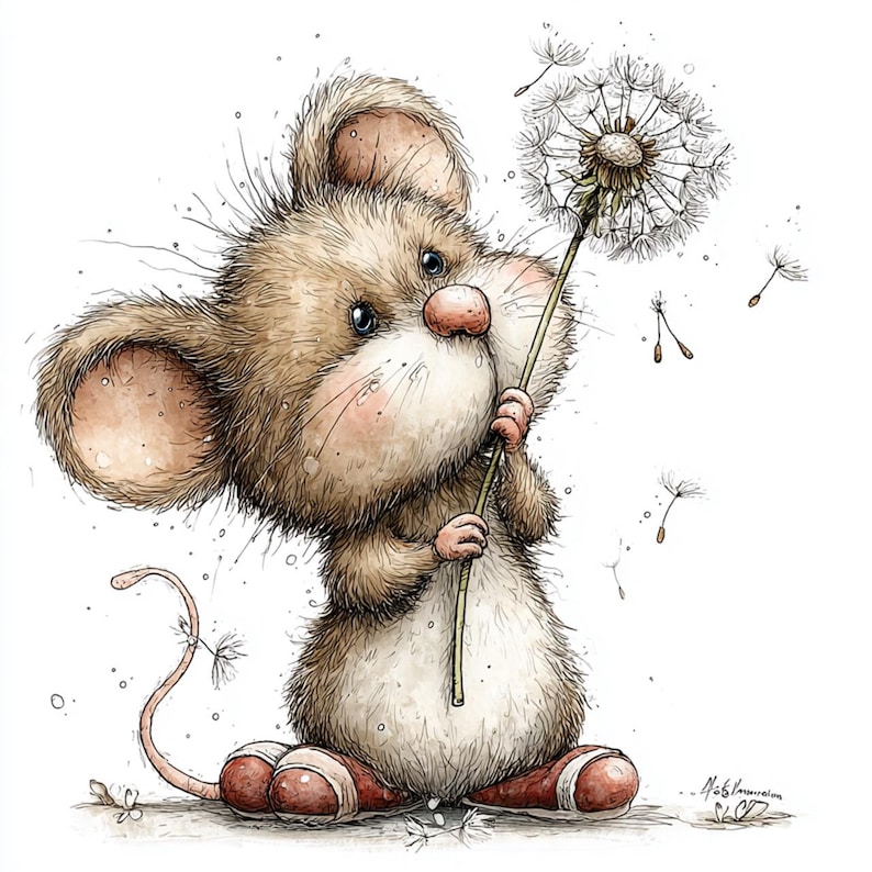 May include: A charming illustration of a mouse with a dandelion. The mouse is depicted in brown and white tones, with big ears and a pink nose. The dandelion is fluffy and white, with seeds drifting away. The style is soft and watercolour-like.