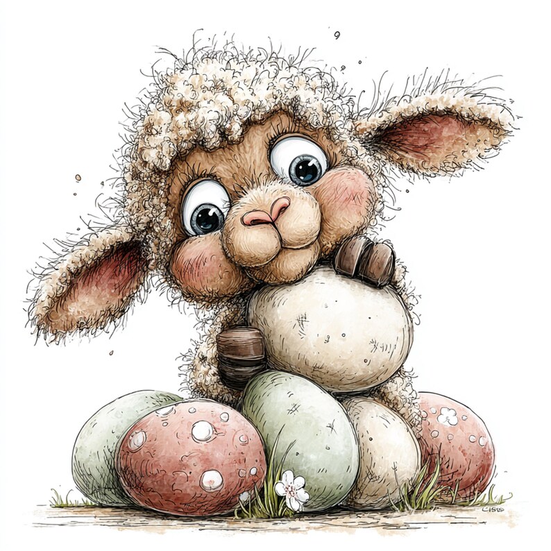 May include: A whimsical illustration of a fluffy lamb with large blue eyes, rosy cheeks, and a sweet expression. The lamb is surrounded by colorful Easter eggs, with a small white flower and grass at the base. The artwork has a soft, hand-drawn style.
