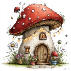 May include: A whimsical illustration of a mushroom house with a red cap dotted with white spots. The house has a wooden door, a small window, and is decorated with string lights. Flowers and plants surround the base, creating a fairy tale scene.