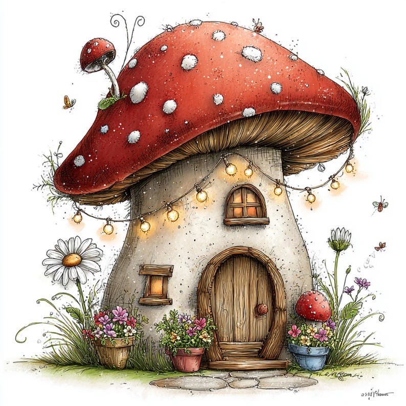 May include: A whimsical illustration of a mushroom house with a red cap dotted with white spots. The house has a wooden door, a small window, and is decorated with string lights. Flowers and plants surround the base, creating a fairy tale scene.