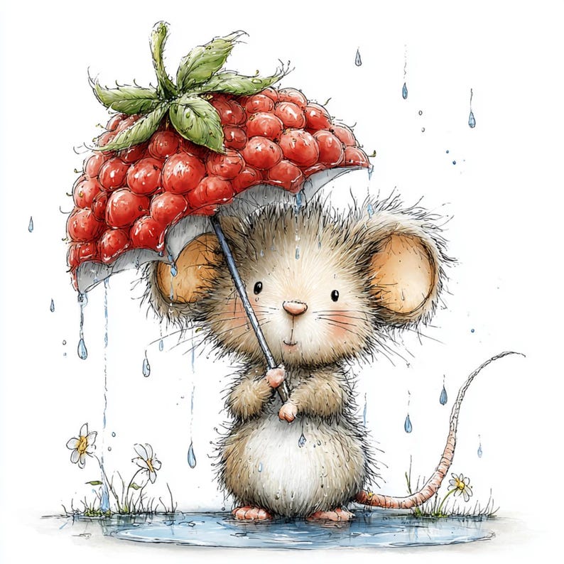 May include: A whimsical illustration of a mouse sheltering from the rain under a raspberry umbrella. The mouse has tan fur, pink ears, and a long tail. Raindrops fall around the mouse and the umbrella, creating a charming, storybook scene.