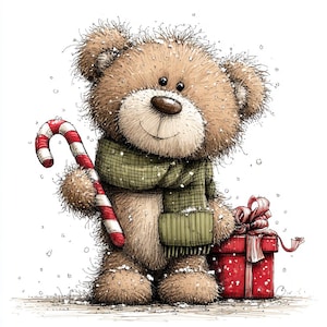 K&ouml;nnte beinhalten: Eine Illustration eines Teddyb&auml;ren mit gr&uuml;nem Schal, der eine Zuckerstange h&auml;lt. Der B&auml;r hat eine braune Nase und h&auml;lt eine rote Geschenkbox mit roter Schleife. Schneeflocken fallen um den B&auml;ren.