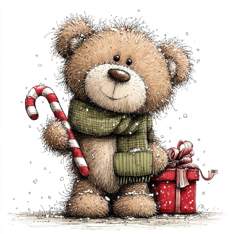 K&ouml;nnte beinhalten: Eine Illustration eines Teddyb&auml;ren mit gr&uuml;nem Schal, der eine Zuckerstange h&auml;lt. Der B&auml;r hat eine braune Nase und h&auml;lt eine rote Geschenkbox mit roter Schleife. Schneeflocken fallen um den B&auml;ren.