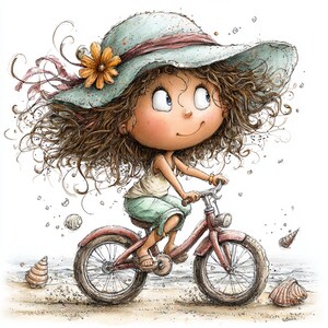 Op de afbeelding: Een grillige illustratie van een kind dat op een rode fiets op het strand rijdt. Het kind draagt een lichtblauwe zonnehoed met een bloem en een roze lint. Schelpen en de zee zijn op de achtergrond.