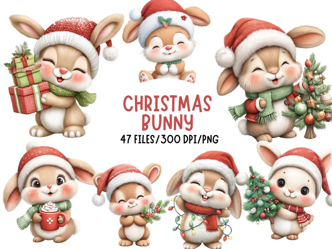 Cute Christmas Bunny Clipart – Holiday Bunnies PNG Set – Santa Hat ...