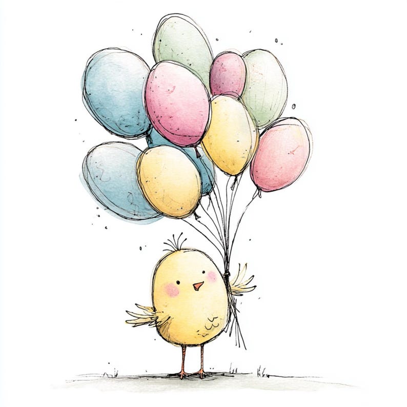 May include: A watercolor illustration of a yellow chick holding a bundle of pastel-colored balloons. The balloons are blue, pink, yellow, and green. The chick has a pink blush and is standing on a patch of grass.