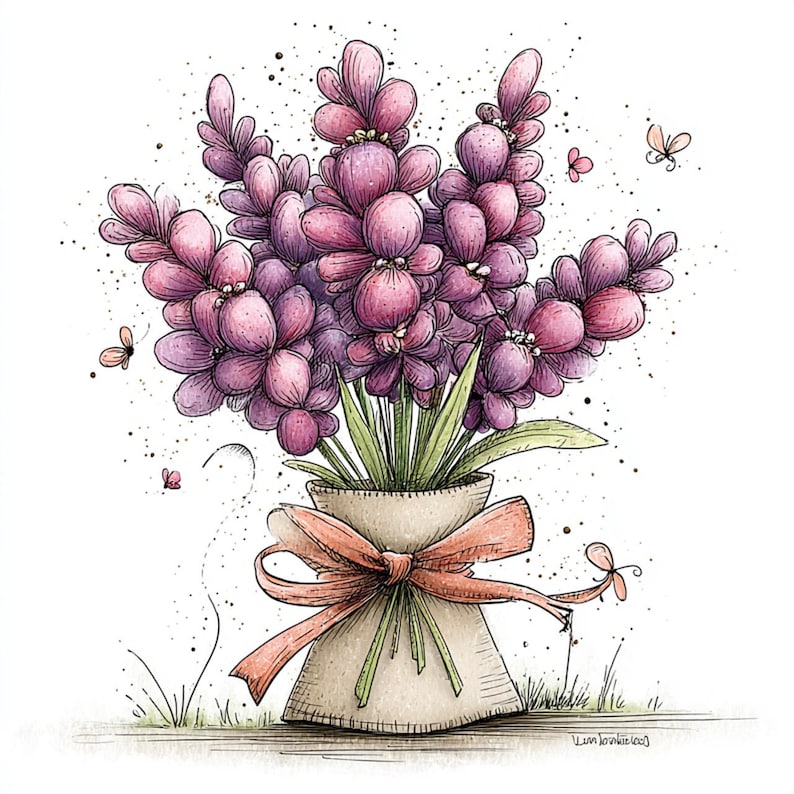 Puede incluir: Ilustraci&oacute;n a la acuarela de un ramo de flores moradas en un jarr&oacute;n beige atado con una cinta coral. Varias mariposas peque&ntilde;as y motas est&aacute;n dispersas alrededor de las flores. La obra est&aacute; firmada en la esquina inferior derecha.