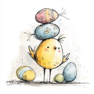 May include: Watercolor illustration of a yellow chick balancing three decorated Easter eggs on its head. Two additional eggs are on the ground. The eggs are pastel colors with floral and stripe designs. The chick has a sweet expression.