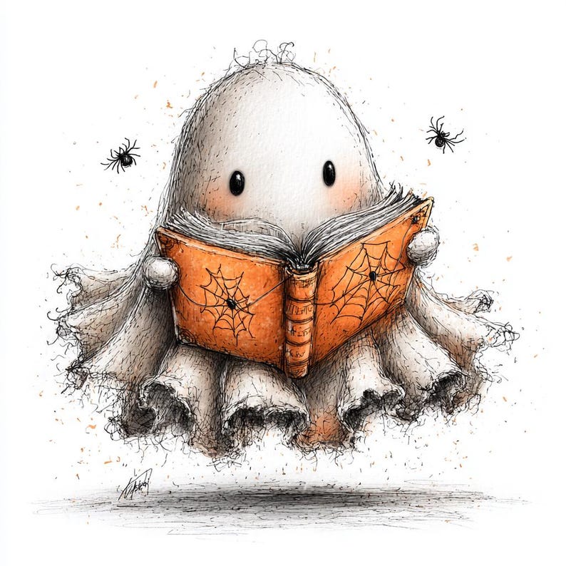 May include: A whimsical illustration of a friendly ghost reading a book. The ghost is white with a cute expression, holding an open orange book with spiderweb designs. Two small black spiders float nearby, creating a Halloween theme.