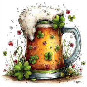 May include: An illustration of a beer mug filled with amber liquid and topped with white foam. The mug is decorated with green shamrocks and small red and white flowers. A green border accents the base.