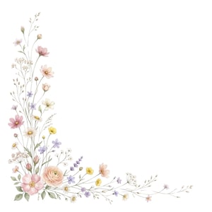 Peut inclure: Une illustration à l'aquarelle d'une bordure florale en coin présentant une variété de fleurs sauvages dans des tons pastel doux de rose, jaune et violet clair, avec des tiges et des feuilles vertes disposées en forme de L sur fond blanc.
