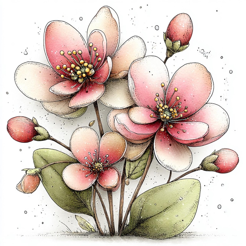 Puede incluir: Ilustraci&oacute;n en acuarela de delicadas flores rosas y crema con centros amarillos y capullos rojos. Las flores tienen m&uacute;ltiples p&eacute;talos y est&aacute;n sobre un fondo blanco, con hojas y tallos verdes. La imagen tiene un aspecto suave y art&iacute;stico.