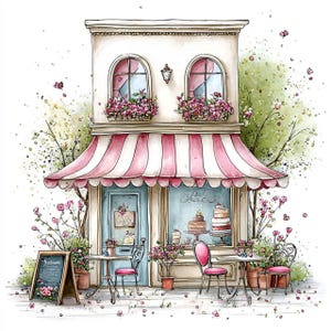 May include: Watercolor illustration of a charming bakery with a pink and white striped awning. The building has two arched windows with flower boxes, a blue door, and outdoor seating. A chalkboard sign reads "Artisan".
