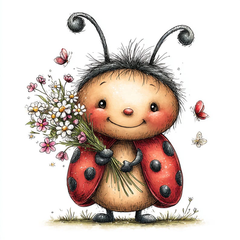 Peut inclure: Une coccinelle de dessin anim&eacute; souriante, tenant un bouquet de fleurs. La coccinelle a des ailes rouges avec des points noirs et est entour&eacute;e de papillons. L'illustration est dans un style aquarelle avec des couleurs douces.