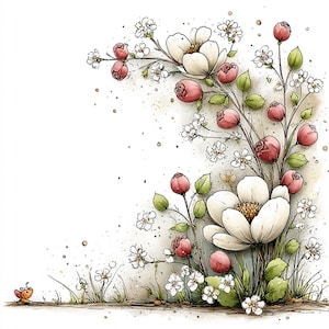 Peut inclure: Illustration &agrave; l'aquarelle d'une composition florale avec de grandes fleurs blanches, des boutons de roses roses et de petites fleurs blanches. Des feuilles et des tiges vertes sont visibles. Un petit insecte orange et rouge est dans le coin inf&eacute;rieur gauche.