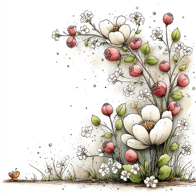 Peut inclure: Illustration &agrave; l'aquarelle d'une composition florale avec de grandes fleurs blanches, des boutons de roses roses et de petites fleurs blanches. Des feuilles et des tiges vertes sont visibles. Un petit insecte orange et rouge est dans le coin inf&eacute;rieur gauche.