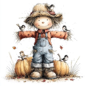 May include: A scarecrow illustration wearing a tan straw hat, an orange long-sleeved shirt, and blue denim overalls. The figure has straw protruding from the sleeves and pant legs, stands between two orange pumpkins, and is surrounded by small birds.