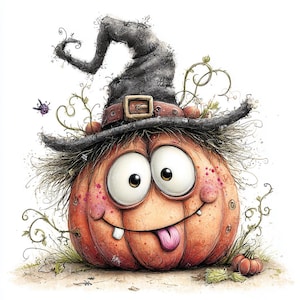 May include: A whimsical cartoon pumpkin with a witch's hat, tongue sticking out, and large eyes. The pumpkin is orange with a smiling face, wearing a black hat with a brown belt. Vines and small pumpkins add to the Halloween theme.