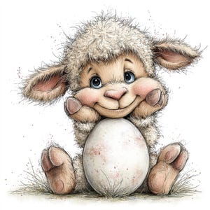 May include: A charming illustration of a lamb-like creature with fluffy, beige fur, rosy cheeks, and blue eyes, cradling a speckled egg. The lamb is smiling, and the artwork has a watercolor style with soft details and a touch of grass.