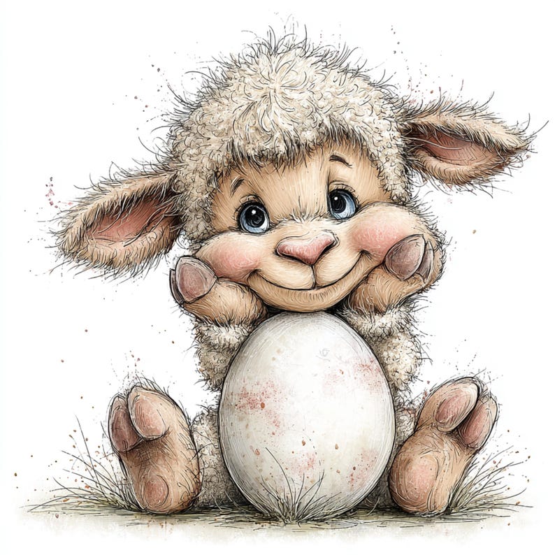 May include: A charming illustration of a lamb-like creature with fluffy, beige fur, rosy cheeks, and blue eyes, cradling a speckled egg. The lamb is smiling, and the artwork has a watercolor style with soft details and a touch of grass.