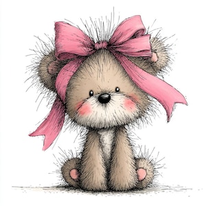 May include: A cute cartoon teddy bear with a large pink bow on its head. The bear has a light brown fur, rosy cheeks, and a black nose. The image is a hand-drawn illustration on a white background.