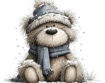 20 JPG Winter Woodland Animals Clipart – Cute Whimsical Forest Animals Sitting in Snow with Hats & Scarves JPG