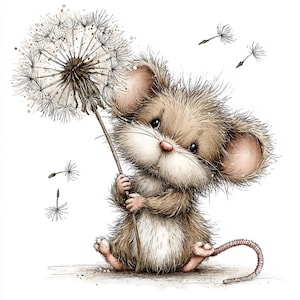 May include: A charming watercolour illustration of a mouse holding a dandelion. The mouse is depicted with brown fur, pink ears and nose, and a long, curled tail. Dandelion seeds float around, creating a whimsical scene.
