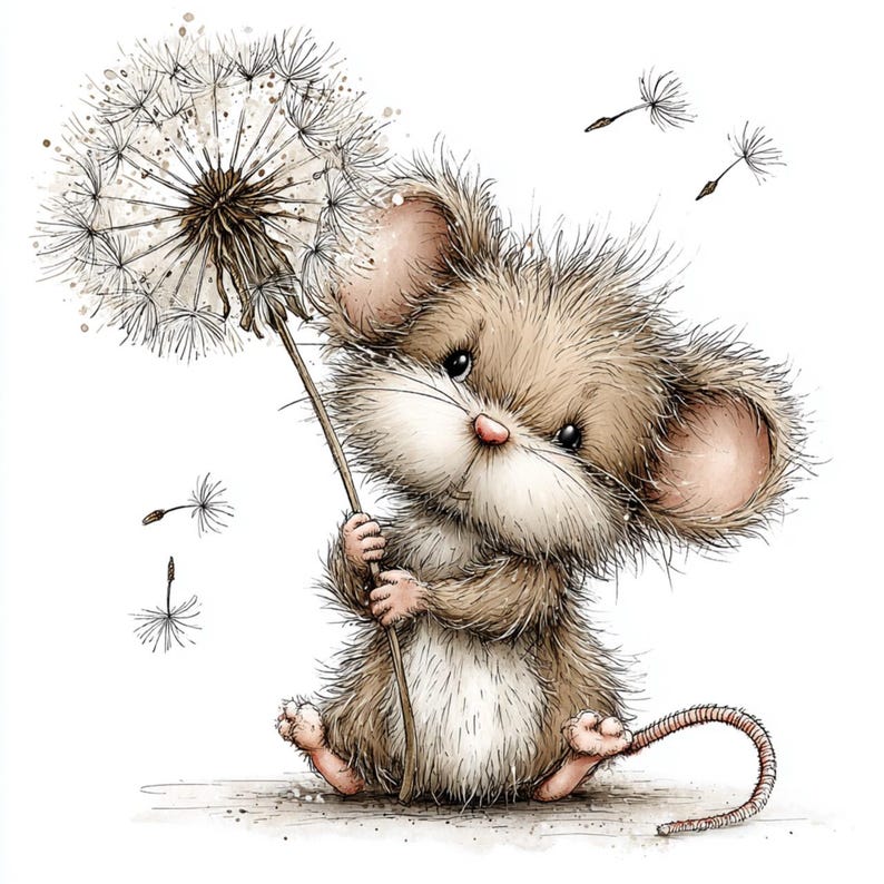 May include: A charming watercolour illustration of a mouse holding a dandelion. The mouse is depicted with brown fur, pink ears and nose, and a long, curled tail. Dandelion seeds float around, creating a whimsical scene.