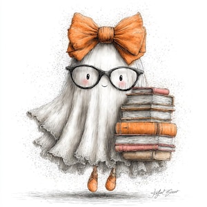 May include: A whimsical illustration of a ghost wearing glasses and an orange bow, holding a stack of books. The ghost is draped in a white sheet with a ruffled hem, and it has rosy cheeks and orange boots. The books are in shades of orange and pink.