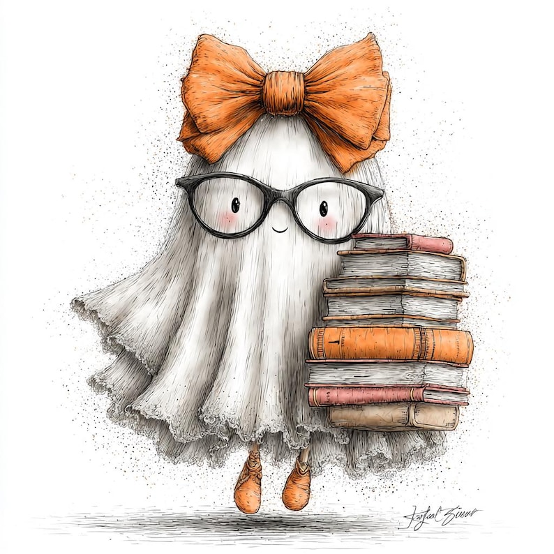 May include: A whimsical illustration of a ghost wearing glasses and an orange bow, holding a stack of books. The ghost is draped in a white sheet with a ruffled hem, and it has rosy cheeks and orange boots. The books are in shades of orange and pink.