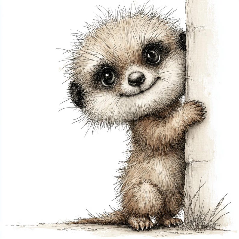 May include: A charming illustration of a meerkat peeking around a white structure. The meerkat has a light brown coat, dark eyes, and a friendly smile. The artwork is detailed with shading and texture, giving it a soft, inviting appearance.