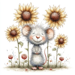 May include: A watercolor illustration of a smiling mouse standing among sunflowers and red roses. The mouse has gray fur, pink cheeks, and large ears. The sunflowers are yellow with brown centers, and the roses are a deep red. The background is white.