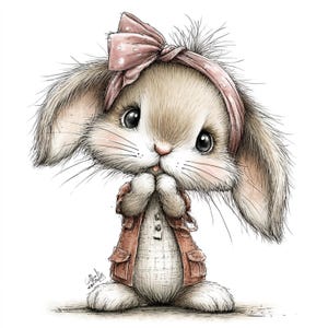 May include: A charming illustration of a bunny wearing a pink bow headband and a matching jacket. The bunny has large, expressive eyes and is holding its paws together. The artwork has a soft, watercolor-like style, perfect for children's decor or Easter-themed items.