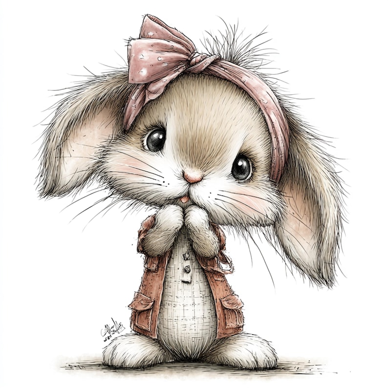 May include: A charming illustration of a bunny wearing a pink bow headband and a matching jacket. The bunny has large, expressive eyes and is holding its paws together. The artwork has a soft, watercolor-like style, perfect for children's decor or Easter-themed items.